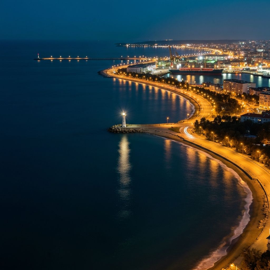 The lit lighthouse at the end of the Burgas breakwater on the Black Sea at night
